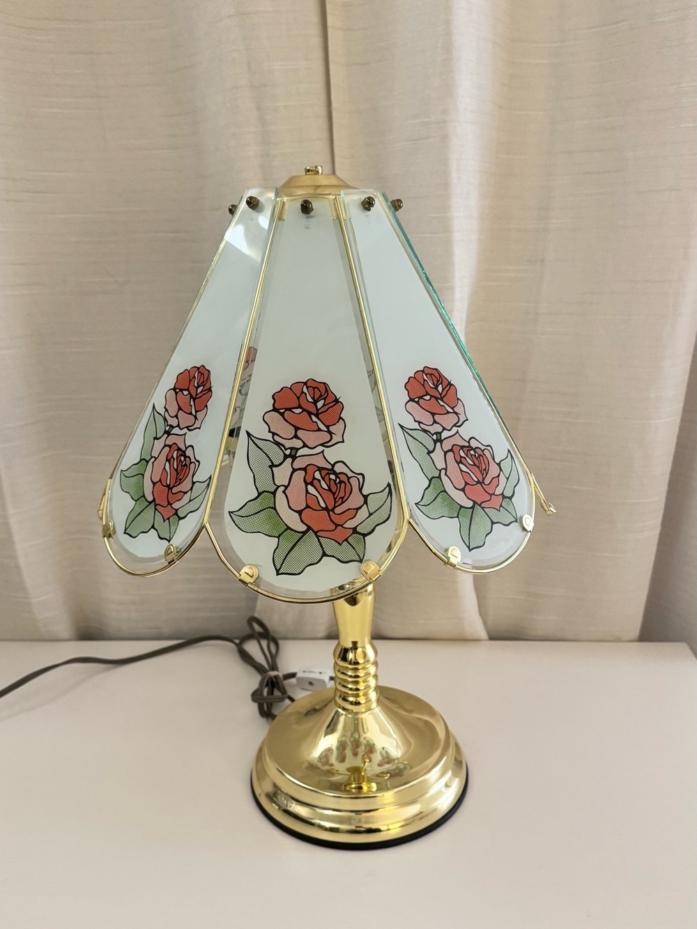 Gold Table Lamp with Red Rose Stained-Glass Shade
